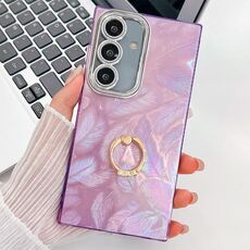 Per Samsung Galaxy S24 FE 5G placcatura glitter texture anello supporto custodia per telefono in TPU con pellicola per lenti (piume viola)