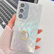 Per Samsung Galaxy S24 FE 5G placcatura glitter texture anello supporto custodia per telefono in TPU con pellicola per lenti (filato di piume bianche)