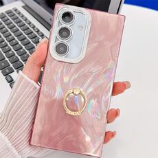 Per Samsung Galaxy S24 FE 5G Custodia per telefono in TPU con supporto ad anello con texture glitterata e pellicola per lenti (filato di piume rosa)