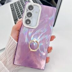 Per Samsung Galaxy S24 FE 5G placcatura glitter texture anello supporto custodia per telefono in TPU con pellicola per lenti (filato di piume viola)