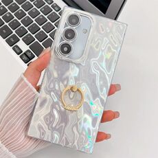 Per Samsung Galaxy S24 FE 5G placcatura glitter texture anello supporto custodia per telefono in TPU con pellicola per lenti (rughe bianche)