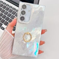Per Samsung Galaxy S24 FE 5G Custodia per telefono in TPU con supporto ad anello con texture glitterata e pellicola per lenti (texture in stagnola bianca)