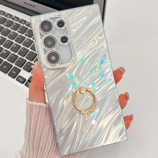 Per Samsung Galaxy S24 Ultra 5G Custodia per telefono con supporto ad anello in TPU con texture glitterata e pellicola per lenti (increspature dell'acqua bianca)