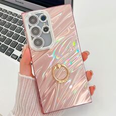 Per Samsung Galaxy S24 Ultra 5G Plating Glitter Texture Anello Supporto Custodia per telefono in TPU con pellicola per lenti (increspature dell'acqua rosa)
