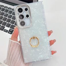 Per Samsung Galaxy S24 Ultra 5G Custodia per telefono in TPU con supporto ad anello con texture glitterata e pellicola per lenti (modello a conchiglia bianca)