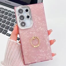 Per Samsung Galaxy S24 Ultra 5G Custodia per telefono in TPU con supporto ad anello con texture glitterata e pellicola per lenti (modello a conchiglia rosa)
