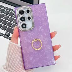 Per Samsung Galaxy S24 Ultra 5G Custodia per telefono in TPU con supporto ad anello con texture glitterata e pellicola per lenti (modello a conchiglia viola)