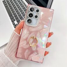 Per Samsung Galaxy S24 Ultra 5G Plating Glitter Texture Anello Supporto Custodia per Telefono in TPU con Pellicola per Lenti (Piume Rosa)