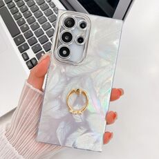 Per Samsung Galaxy S24 Ultra 5G Plating Glitter Texture Anello Supporto Custodia per telefono in TPU con pellicola per lenti (piume bianche)