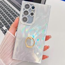 Per Samsung Galaxy S24 Ultra 5G placcatura glitter texture anello supporto custodia per telefono in TPU con pellicola per lenti (filato di piume bianche)