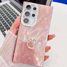 Per Samsung Galaxy S24 Ultra 5G Custodia per telefono in TPU con supporto ad anello con texture glitterata e pellicola per lenti (filato di piume rosa)