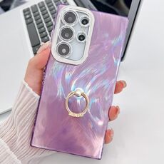 Per Samsung Galaxy S24 Ultra 5G Custodia in TPU con supporto per anello con texture glitterata con pellicola per lenti (filato di piume viola)