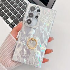 Per Samsung Galaxy S24 Ultra 5G Placcatura Glitter Texture Anello Supporto TPU Custodia per telefono con pellicola per lenti (Rughe bianche)