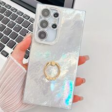 Per Samsung Galaxy S24 Ultra 5G Custodia per telefono con supporto ad anello in TPU con texture glitterata e pellicola per lenti (texture in stagnola bianca)