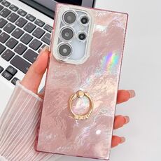 Per Samsung Galaxy S24 Ultra 5G Custodia per telefono in TPU con supporto ad anello con texture glitterata con pellicola per lenti (Texture in carta stagnola rosa)