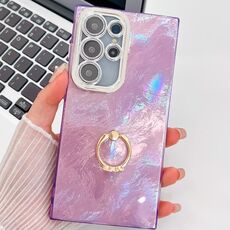 Per Samsung Galaxy S24 Ultra 5G Plating Glitter Texture Ring Holder Custodia per telefono in TPU con pellicola per lenti (Texture in stagnola viola)