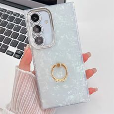 Per Samsung Galaxy S24 5G Custodia per telefono in TPU con supporto per anello con texture glitterata con pellicola per lenti (modello a conchiglia bianca)