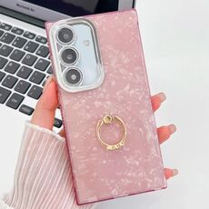 Per Samsung Galaxy S24 5G Custodia per telefono in TPU con supporto ad anello con texture glitterata e pellicola per lenti (modello a conchiglia rosa)