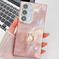 Per Samsung Galaxy S24 5G Custodia per telefono con supporto ad anello in TPU con texture glitterata e pellicola per lenti (texture in stagnola rosa)