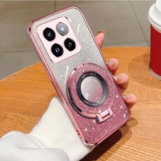 Per Xiaomi 14 Pro Custodia per telefono in TPU con supporto rotondo glitterato sfumato placcato (rosa)