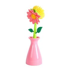 Spazzola per pentole a forma di fiore con manico lungo, spazzola per piatti da cucina, strumento per la pulizia della stufa (rosa)