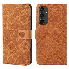 Per Samsung Galaxy S24 FE 5G Custodia per telefono in pelle con motivo in rilievo in stile etnico (marrone)