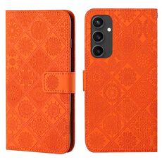 Per Samsung Galaxy S24 FE 5G Custodia per telefono in pelle con motivo in rilievo in stile etnico (arancione)