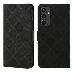 Per Samsung Galaxy S24 FE 5G Custodia per telefono in pelle con motivo in rilievo in stile etnico (nero)