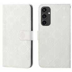 Per Samsung Galaxy S24 FE 5G Custodia per telefono in pelle con motivo in rilievo in stile etnico (bianco)