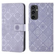 Per Samsung Galaxy S24 FE 5G Custodia per telefono in pelle con motivo in rilievo in stile etnico (viola)