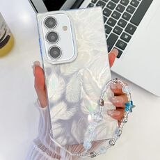 For Samsung Galaxy S24 FE 5G Plating Glitter Texture Chain Wristband TPU Phone Case with Lens Film(White Feathers)