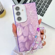 Per Samsung Galaxy S24 FE 5G placcatura glitter texture catena cinturino custodia per telefono in TPU con pellicola per lenti (piume viola)