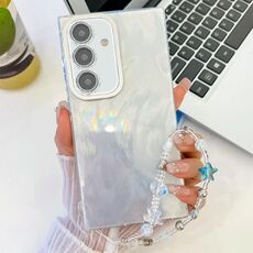 Per Samsung Galaxy S24 FE 5G placcatura glitter texture catena cinturino custodia per telefono in TPU con pellicola per lenti (filato di piume bianche)