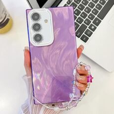 Per Samsung Galaxy S24 FE 5G placcatura glitter texture catena cinturino custodia per telefono in TPU con pellicola per lenti (filato di piume viola)