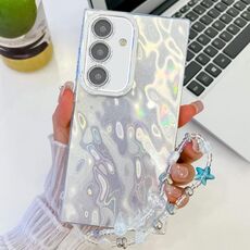 Per Samsung Galaxy S24 FE 5G placcatura glitter texture catena cinturino custodia per telefono in TPU con pellicola per lenti (rughe bianche)