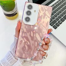 Per Samsung Galaxy S24 FE 5G placcatura glitter texture catena cinturino custodia per telefono in TPU con pellicola per lenti (grinze rosa)