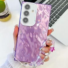 Per Samsung Galaxy S24 FE 5G placcatura glitter texture catena cinturino custodia per telefono in TPU con pellicola per lenti (rughe viola)