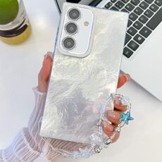 Per Samsung Galaxy S24 FE 5G placcatura glitter texture catena cinturino custodia per telefono in TPU con pellicola per lenti (texture in stagnola bianca)