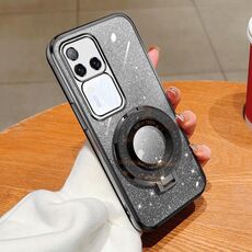 Per vivo S18 Pro Custodia per telefono in TPU con supporto rotondo glitterato sfumato placcato (nero)