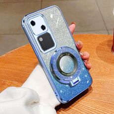 Per vivo S18 Custodia per telefono in TPU con supporto rotondo glitterato sfumato placcato (blu Sierra)