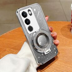 Custodia per telefono in TPU con supporto rotondo con glitter sfumato placcato per vivo V29 / V29 Pro (Argento)