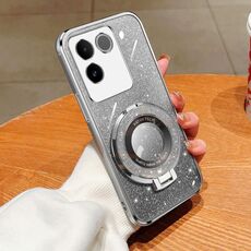 Custodia per telefono in TPU con supporto rotondo con glitter sfumato placcato per vivo S17e (argento)