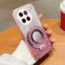 Per vivo X90 Pro Custodia per telefono in TPU con supporto rotondo glitterato sfumato placcato (rosa)