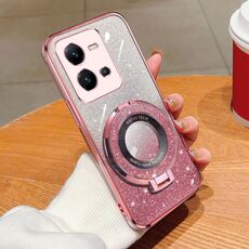 Per vivo V25 5G Custodia per telefono in TPU con supporto rotondo glitterato sfumato placcato (rosa)