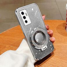 Custodia per telefono in TPU con supporto rotondo con glitter sfumato placcato per vivo S10e / V23e 4G / 5G (Argento)