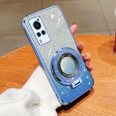 Per vivo X60 Custodia per telefono in TPU con supporto rotondo glitterato sfumato placcato (blu Sierra)