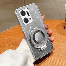 Custodia per telefono in TPU con supporto rotondo con glitter sfumato placcato per Honor X7a (argento)