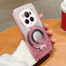 Custodia per telefono in TPU con supporto rotondo glitterato sfumato per Honor Magic6 Pro (rosa)