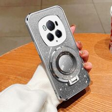 Custodia per telefono in TPU con supporto rotondo glitterato sfumato placcato per Honor Magic6 Pro (argento)