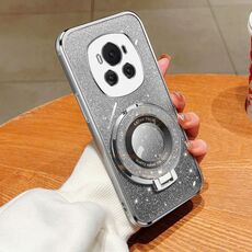 Custodia per telefono in TPU con supporto rotondo glitterato sfumato placcato per Honor Magic6 (argento)
